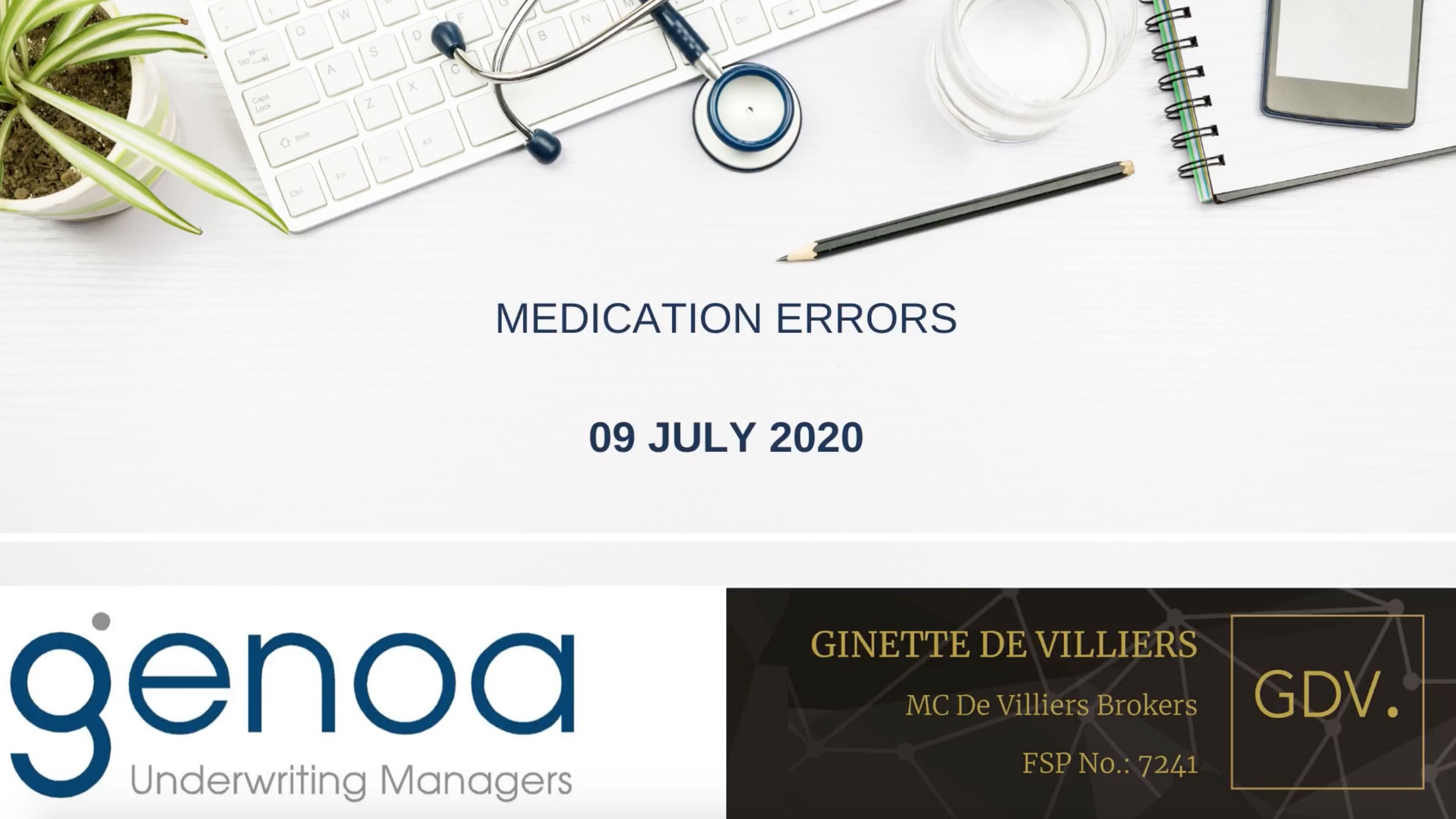 Medical desk with keyboard, stethoscope, and pencil; text shows ‘Medication Errors – 09 July 2020’ with Genoa and GDV logos.
