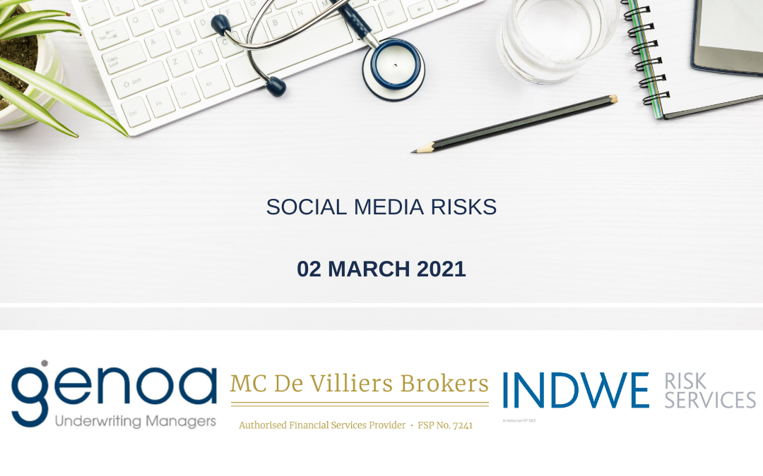Medical desk with keyboard and stethoscope; text reads 'Social Media Risks – 02 March 2021' above partner logos.