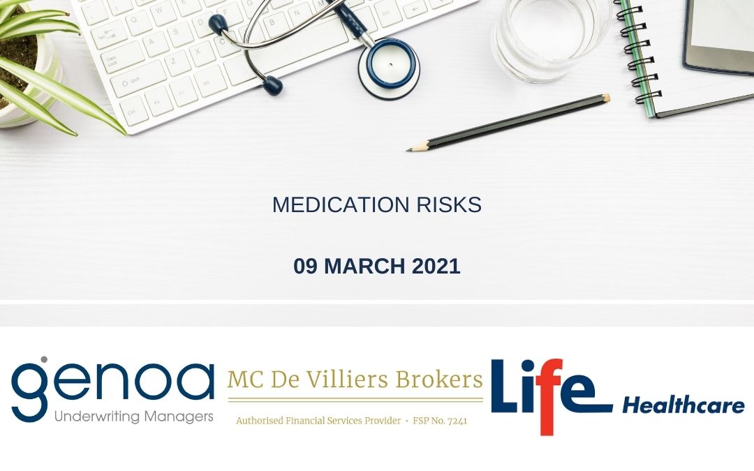 Slide titled Medication Risks dated 09 March 2021 with logos of Genoa, MC De Villiers Brokers, and Life Healthcare.