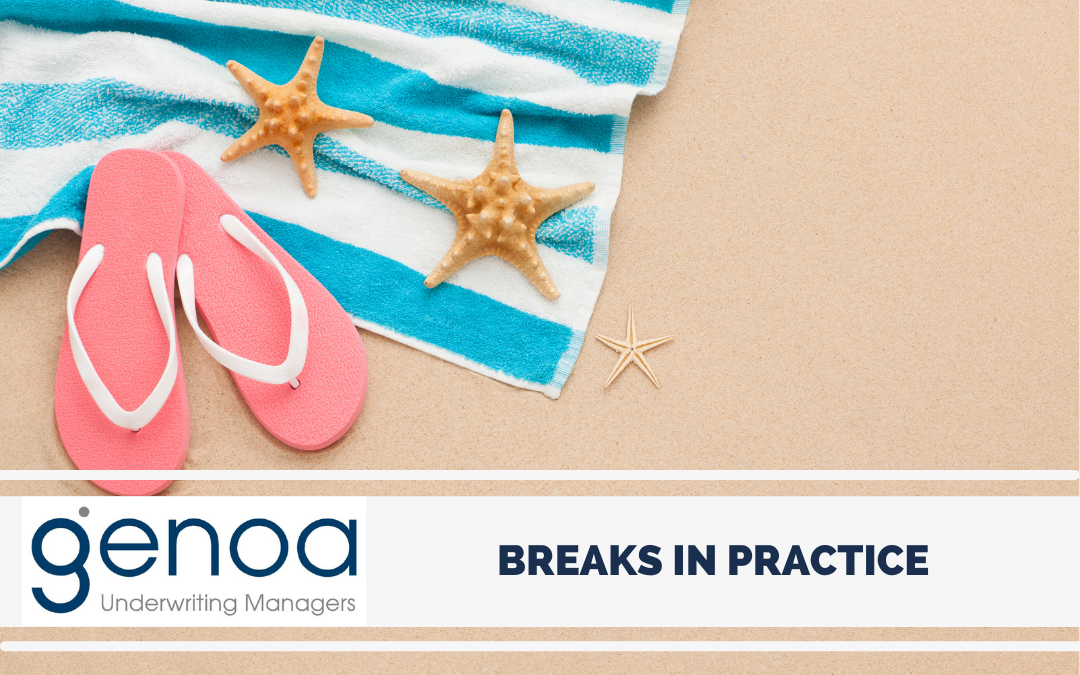 break in practice Beach towel with flip-flops and starfish next to "Genoa Underwriting Managers" logo and the phrase "Breaks in Practice