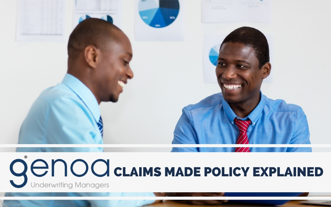 Two professionals in blue shirts smile during a meeting; banner reads 'Claims Made Policy Explained' for Genoa.