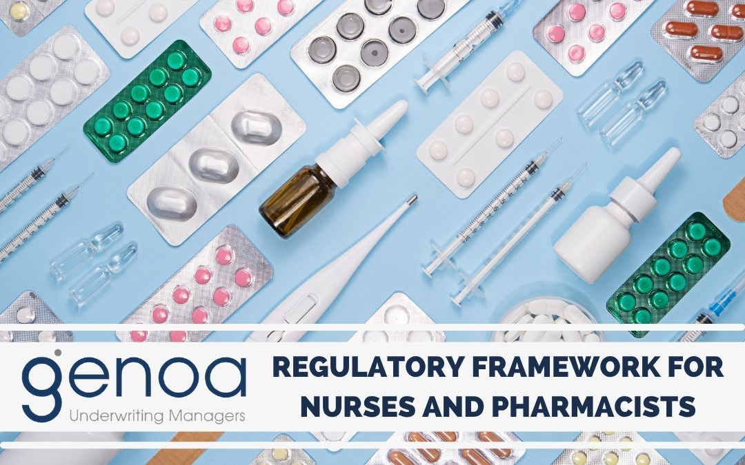 Assorted medicines, tablets, syringes and medical supplies on blue background – Genoa Underwriting Managers blog on regulatory framework for nurses and pharmacists.