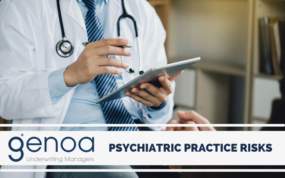 Psychiatrist holding a tablet and consulting with a patient – Genoa Underwriting Managers blog on psychiatric malpractice and risk management in South Africa.