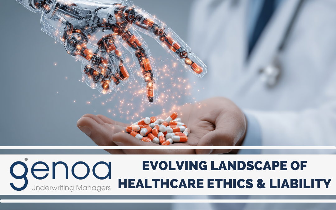 48 Genoa Underwriting Managers healthcare ethics concept with robotic hand dispensing capsules into a doctor’s hand