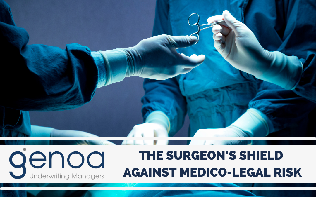 Genoa surgeon medico-legal risk banner showing surgical tools being passed in theatre
